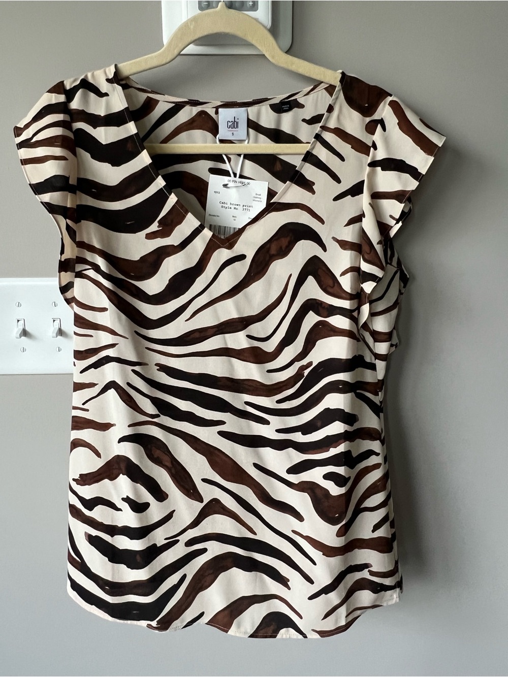 CAbi Cream and Brown Zebra-Stripe V-Neck Blouse